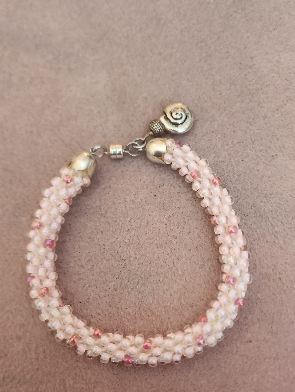 Kumihimo Pink & Pearl Beaded Bracelet with Silver Magnetic Clasp Handmade Bangle
